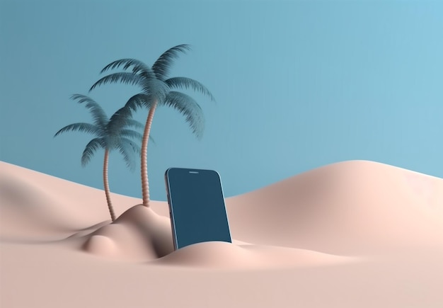 ヤシの砂のサイバーホリデー電話モックアップ創造的な夏の海のコンセプト生成AI