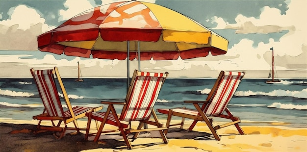 Foto palm stoel aquarel resort paraplu achtergrond zomer ontspannen vakantie rest strand generatieve ai