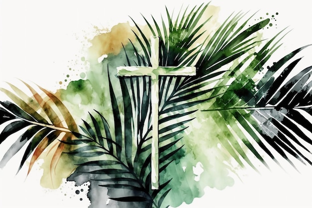 Palm sunday background. Cross and palm watercolor