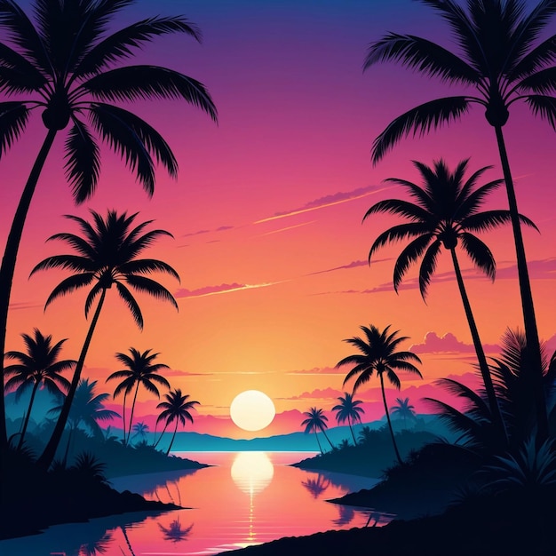 Palm Sunday vector summer landscape with silhouettes of palm trees