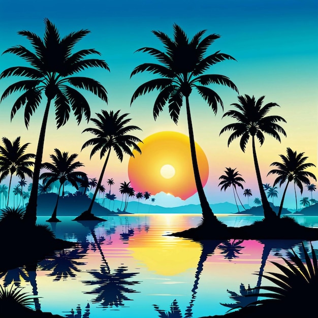 Palm Sunday vector summer landscape with silhouettes of palm trees