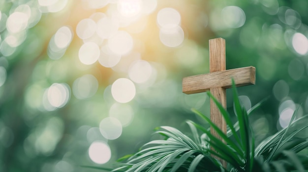 Palm Sunday Wooden Cross with Sunlit Bokeh Background