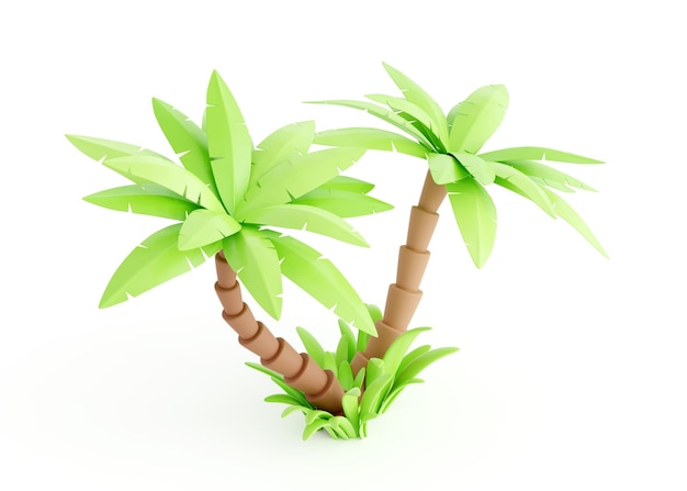Пальма 3d представляет тропическое растение с зелеными листьями и травой для пляжного отдыха и концепции летних путешествий
