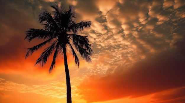 A palm tree against a sunset sky