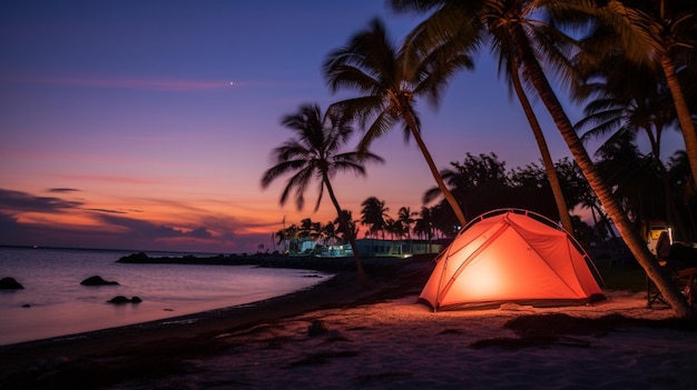 Palm tree beach camping tent at sunset photography ai generated image