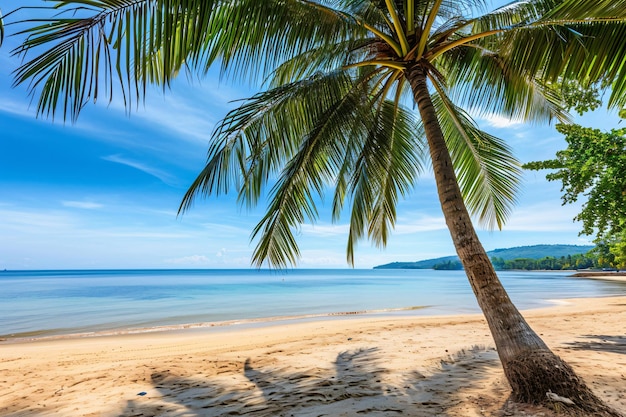 a palm tree on the beach is in the foreground and the sky is blue