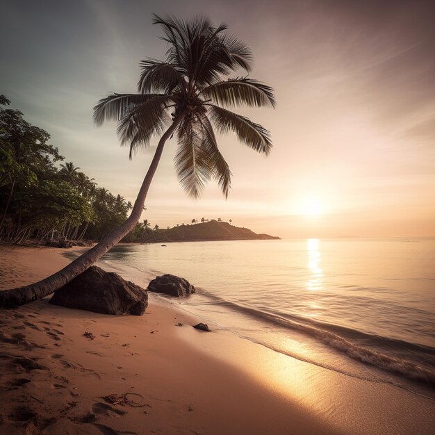 A palm tree on a beach at sunset