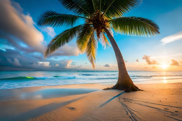 A palm tree on a beach at sunset