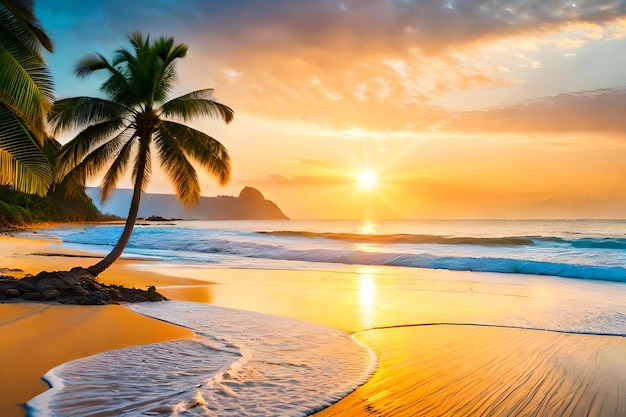 A palm tree on the beach at sunset