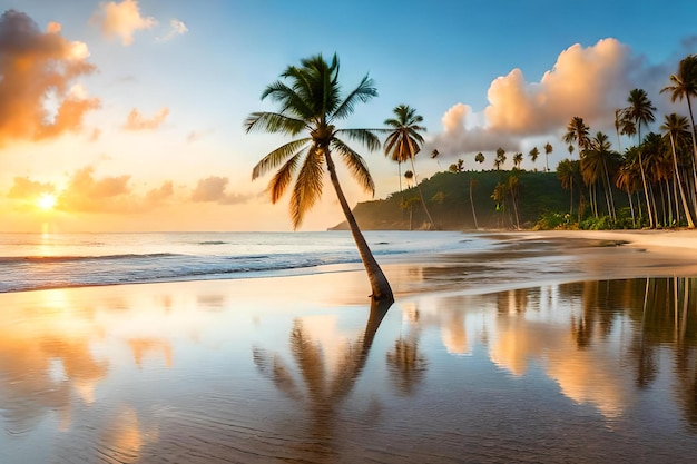 A palm tree on a beach at sunset