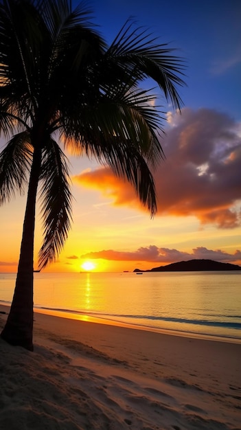 A palm tree on the beach at sunset