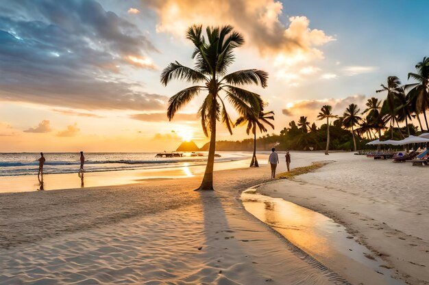 A palm tree on the beach at sunset