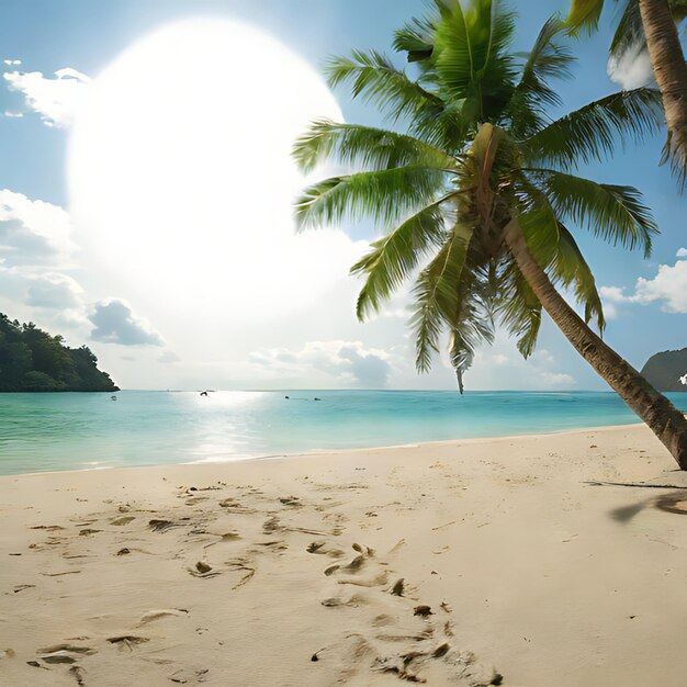 a palm tree on a beach with a beach in the background