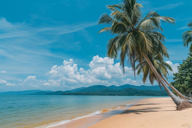 Photo a palm tree on a beach with a beach in the background