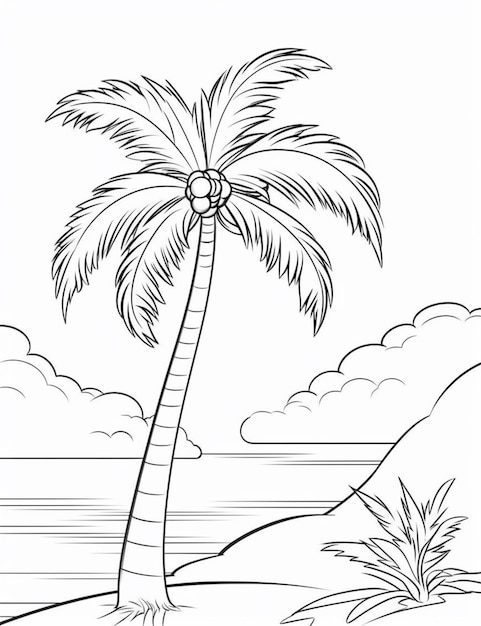 A palm tree on a beach with a beach in the background