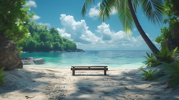 Пальма на пляже с скамейкой
