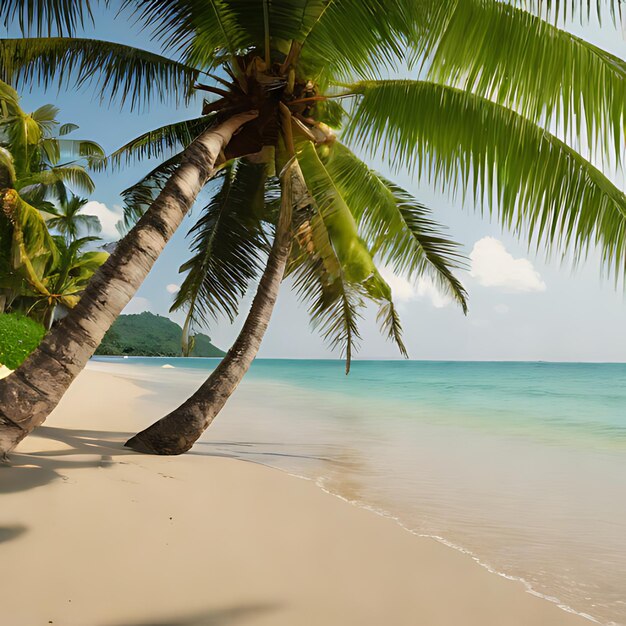 Photo a palm tree on a beach with a blue ocean in the background