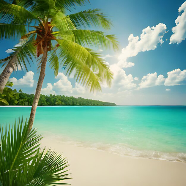 a palm tree on a beach with a blue sky and clouds in the background