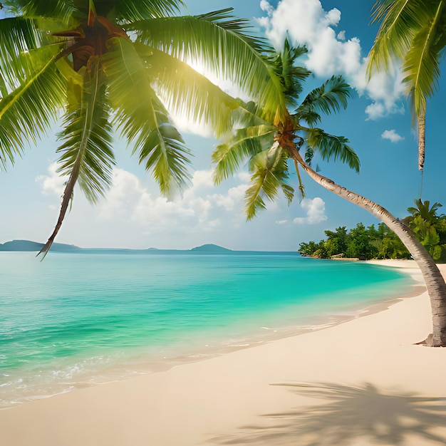 a palm tree on a beach with a blue sky and the ocean in the background