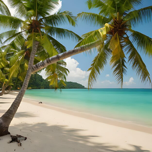 a palm tree on a beach with a blue sky and the ocean in the background