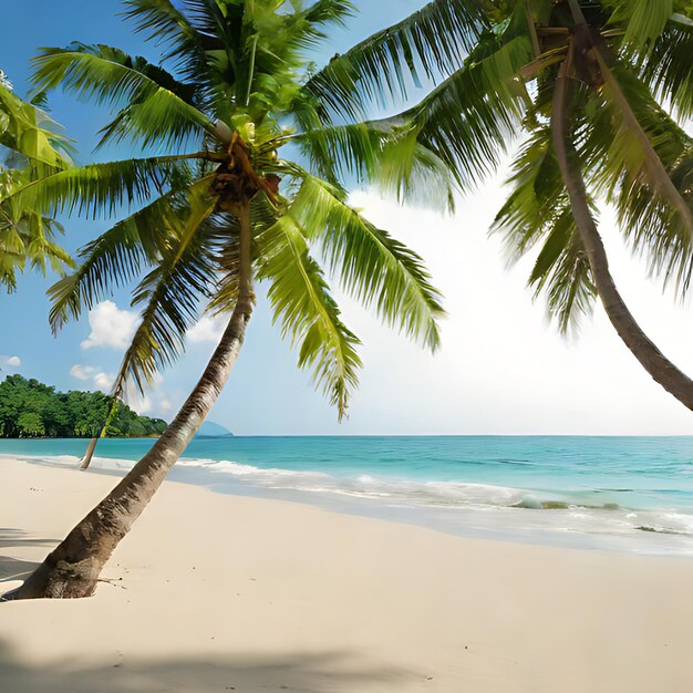 a palm tree on a beach with a blue sky and the ocean in the background