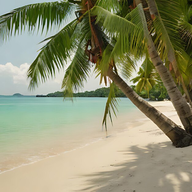 Photo a palm tree on a beach with a blue sky and the ocean in the background