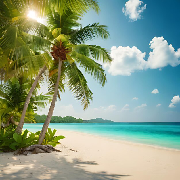 a palm tree on a beach with a blue sky and the sun shining through the clouds