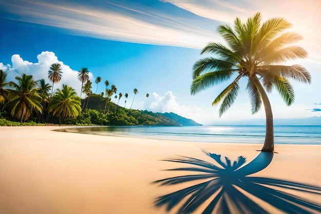 A palm tree on a beach with a blue sky and the sun shining through it