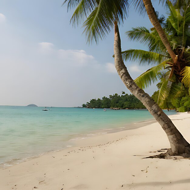 Photo a palm tree on a beach with a boat in the water