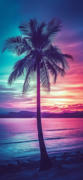 A palm tree on the beach with a colorful sky in the background
