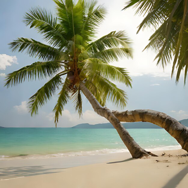 a palm tree on a beach with a large trunk that is leaning over the water