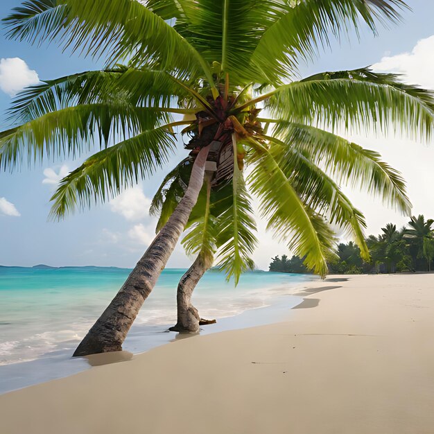 Photo a palm tree on a beach with a sky background