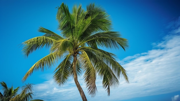 A palm tree on the beach with the sky in the background