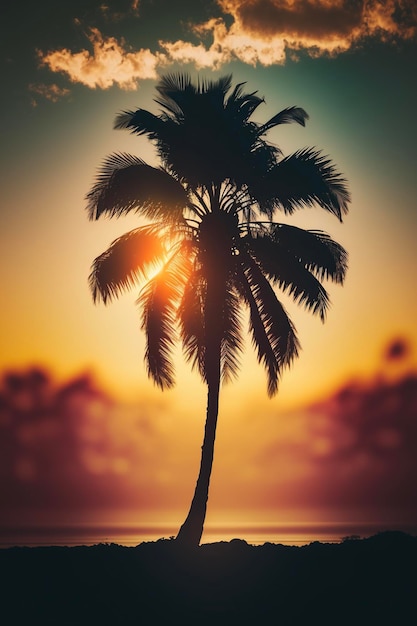 A palm tree on the beach with the sun setting behind it