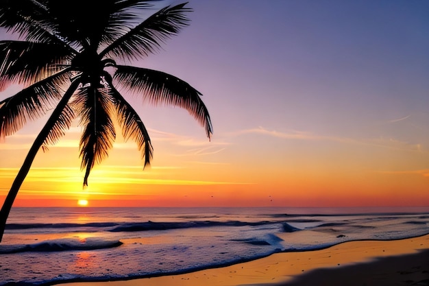 A palm tree on a beach with the sun setting behind it