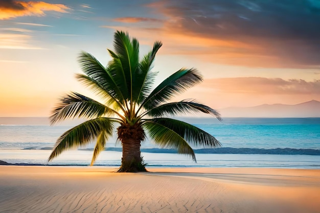 Palm tree on a beach with the sun setting behind it