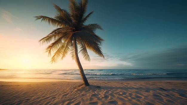 A palm tree on a beach with the sun setting behind it