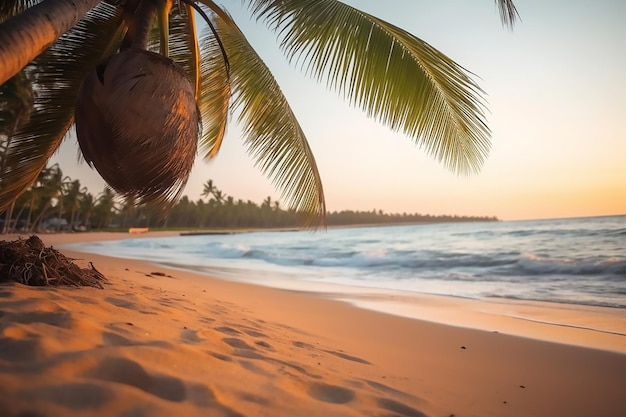 Palm tree on a beach with the sun setting behind