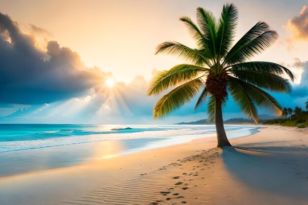 Palm tree on the beach with the sun shining down