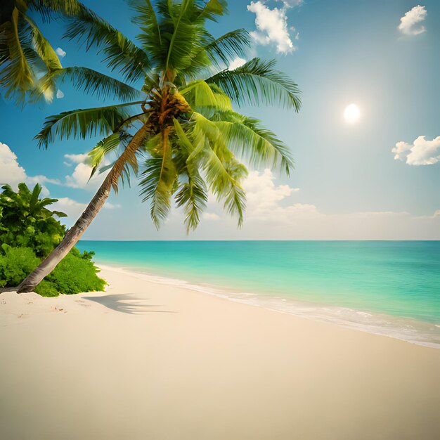 a palm tree on a beach with the sun shining on the horizon