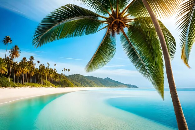 Photo a palm tree on a beach with the sun shining on it