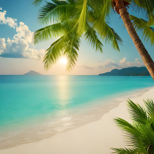 a palm tree on a beach with the sun shining through the clouds