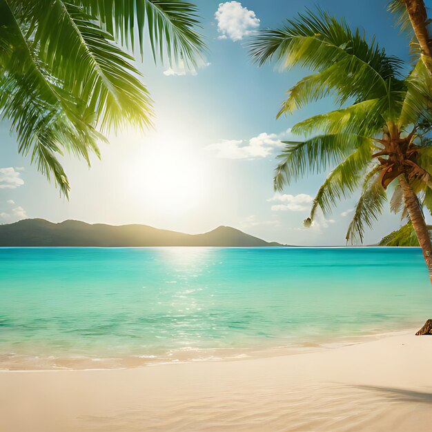 a palm tree on a beach with a sun shining through the clouds