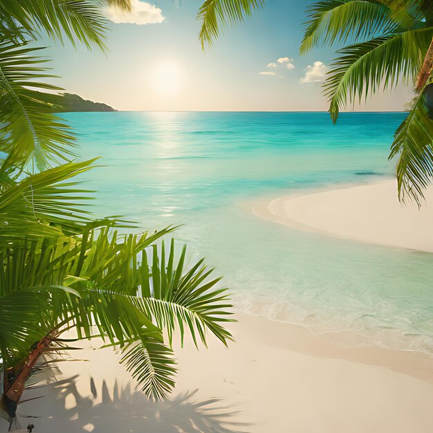 a palm tree on a beach with the sun shining through the leaves