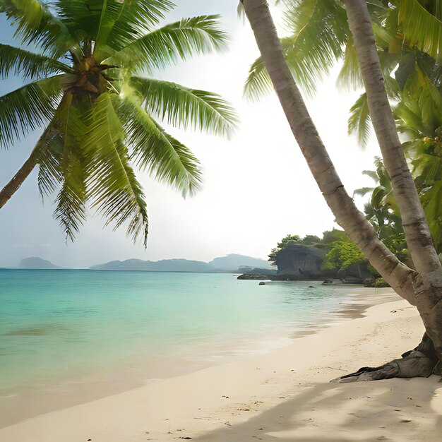 a palm tree on a beach with a view of the ocean and mountains in the background