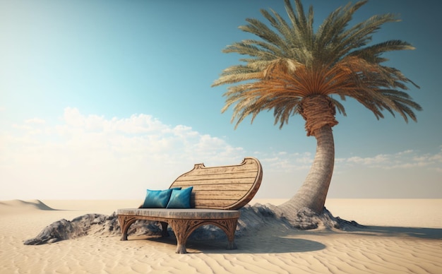 A palm tree and a bench in the desert