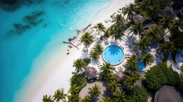 a palm tree and a blue pool are surrounded by palm trees.