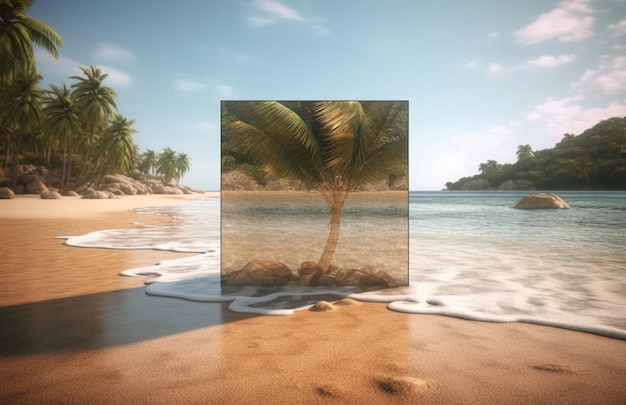 a palm tree in a box on the beach