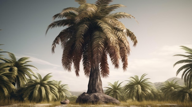 A palm tree in a desert with a cloudy sky in the background.