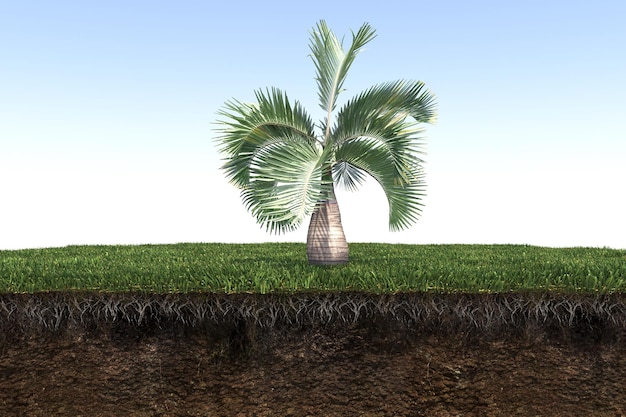 palm tree on the grass and a slice of soil under it, 3d render